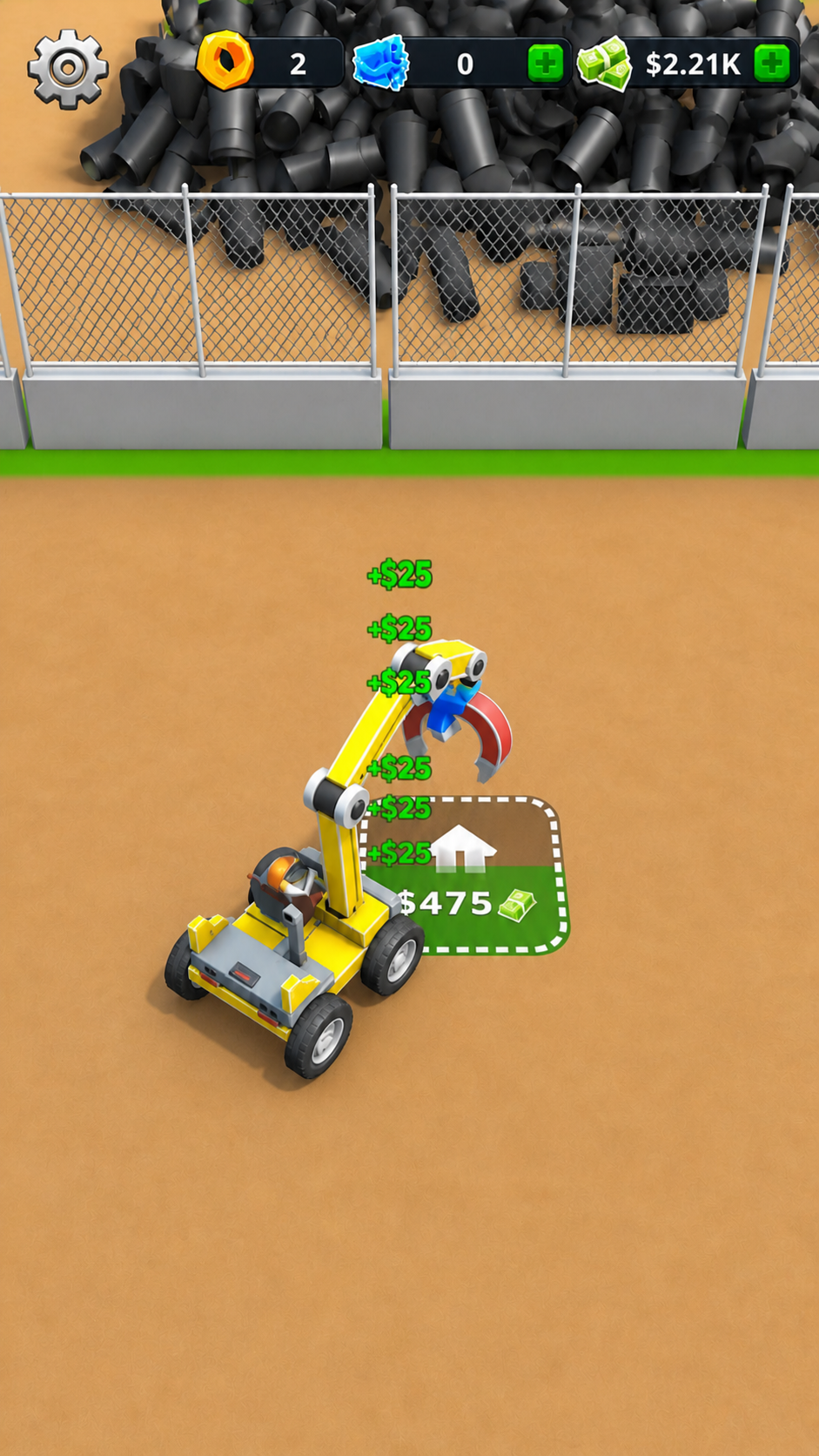 Screenshot do jogo Idle Junkyard City Builder com terreno de sucata em transformação